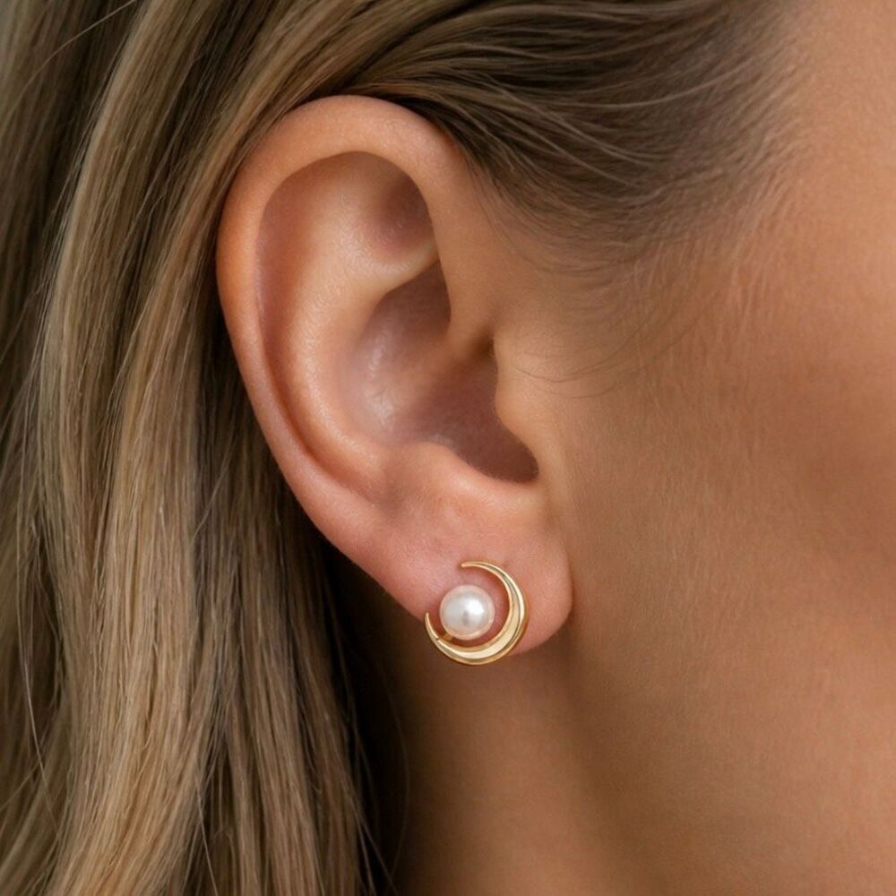 Crescent Moon & Freshwater Pearl Earrings, Lunar Studs